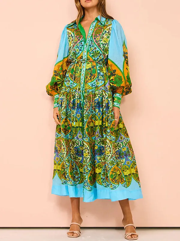 High Waisted Loose Puff Sleeves Belted Floral Printed Lapel Midi Dresses