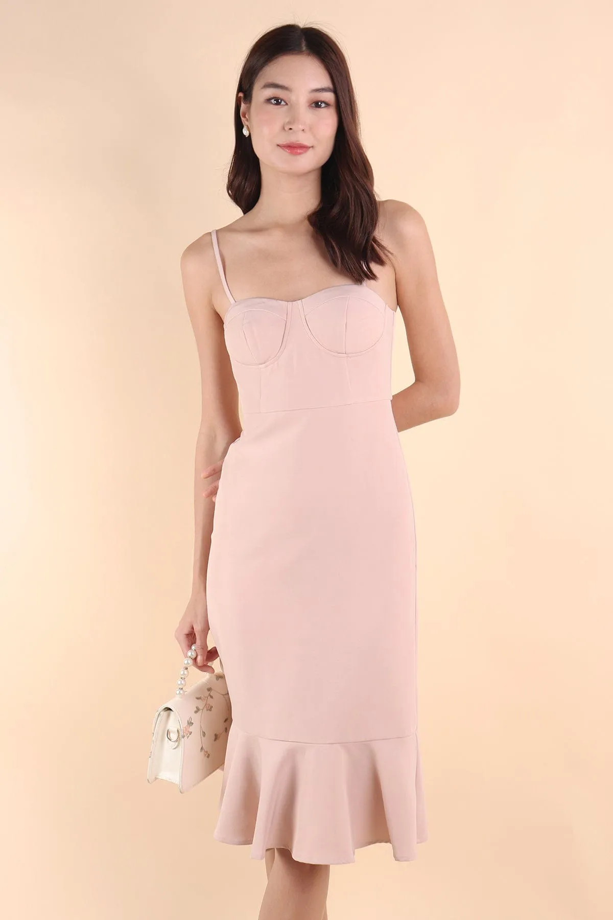 IMOGEN PADDED FLUTTERS DRESS IN PINK