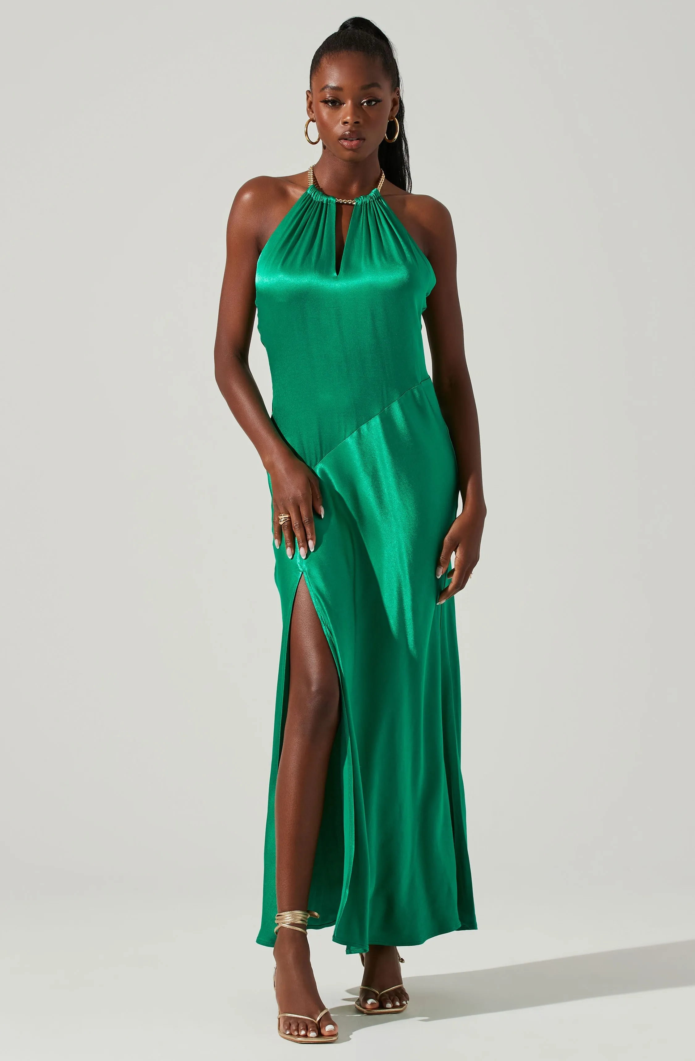 Kazia Satin Halter Chain Maxi Dress