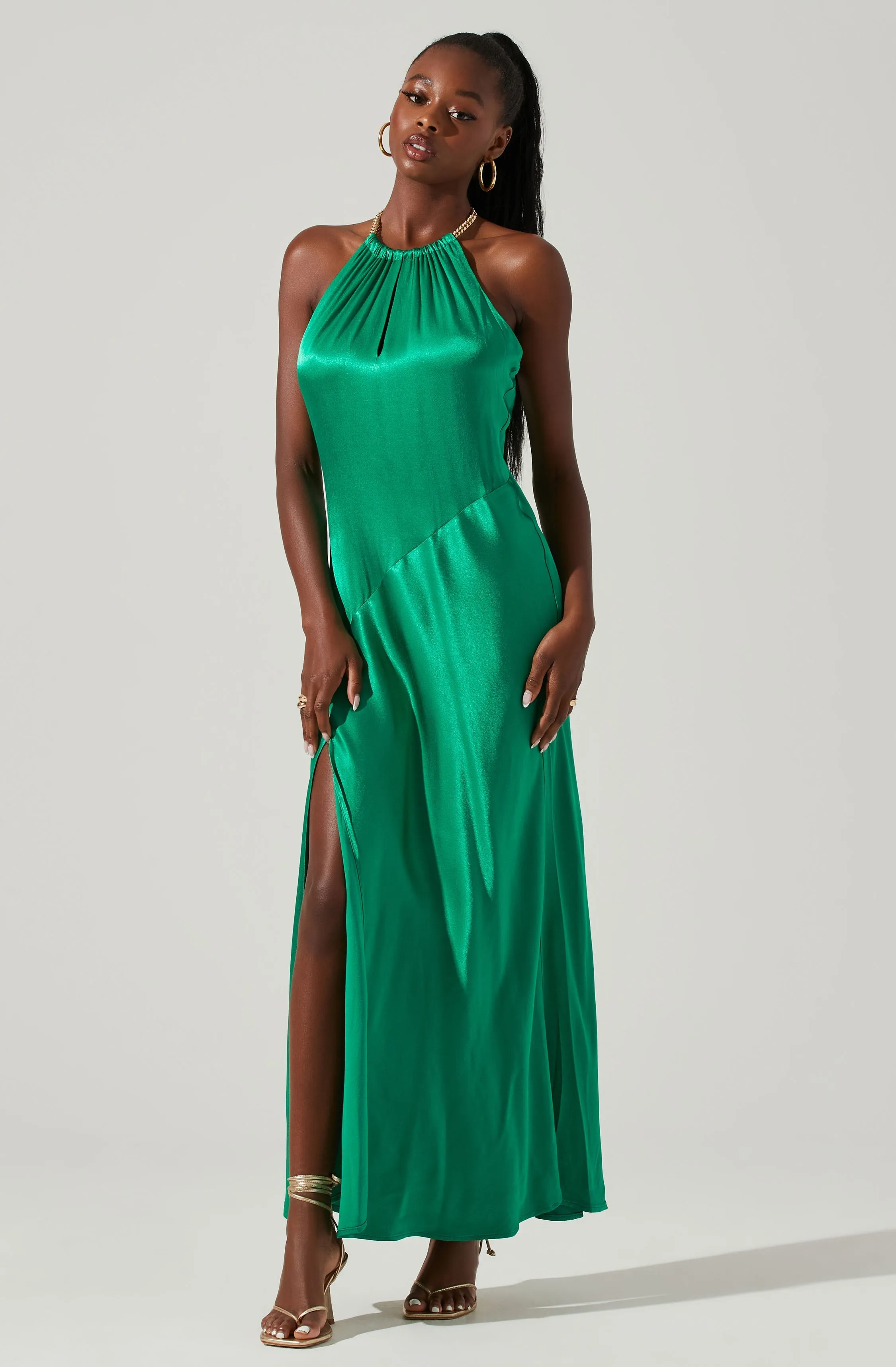 Kazia Satin Halter Chain Maxi Dress