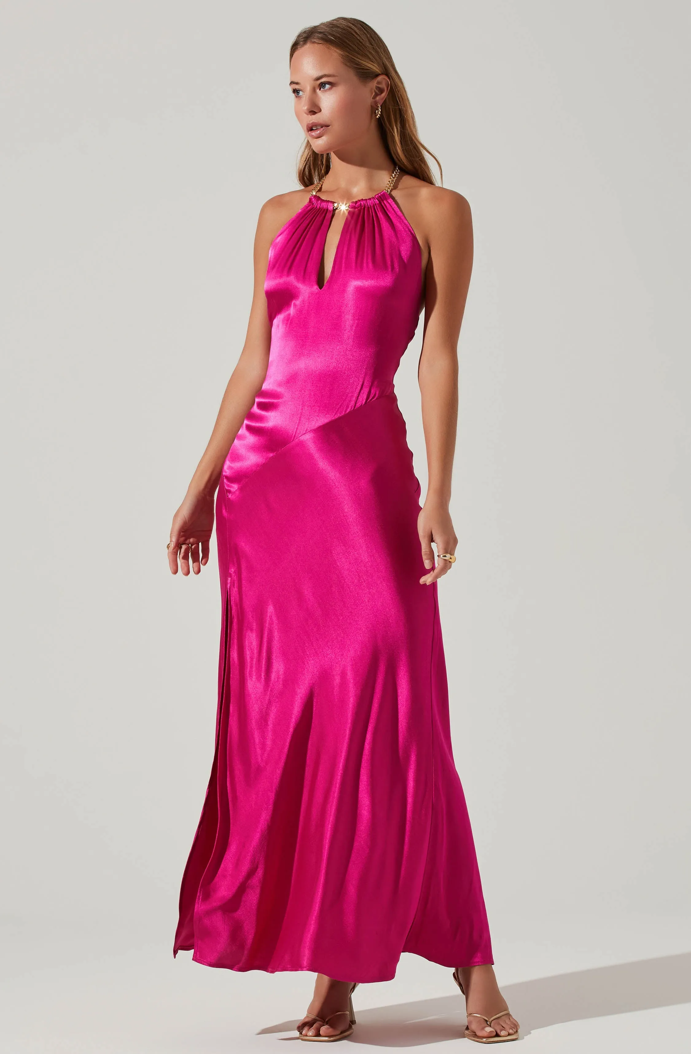 Kazia Satin Halter Chain Maxi Dress