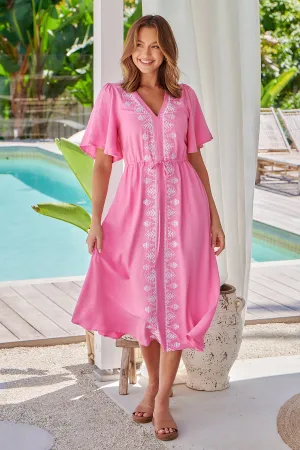 Keira Pink Tie Waist Embroided Maxi Dress