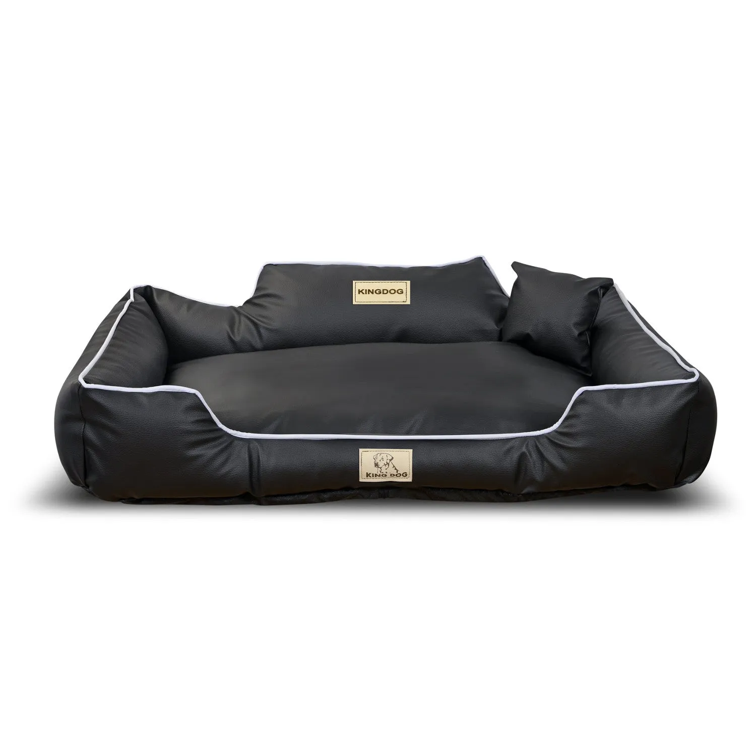 KingDog Ecoshine Dog Bed Anti-Slip Black with White Border   2x Pillow XL 115x95 cm Faux Leather