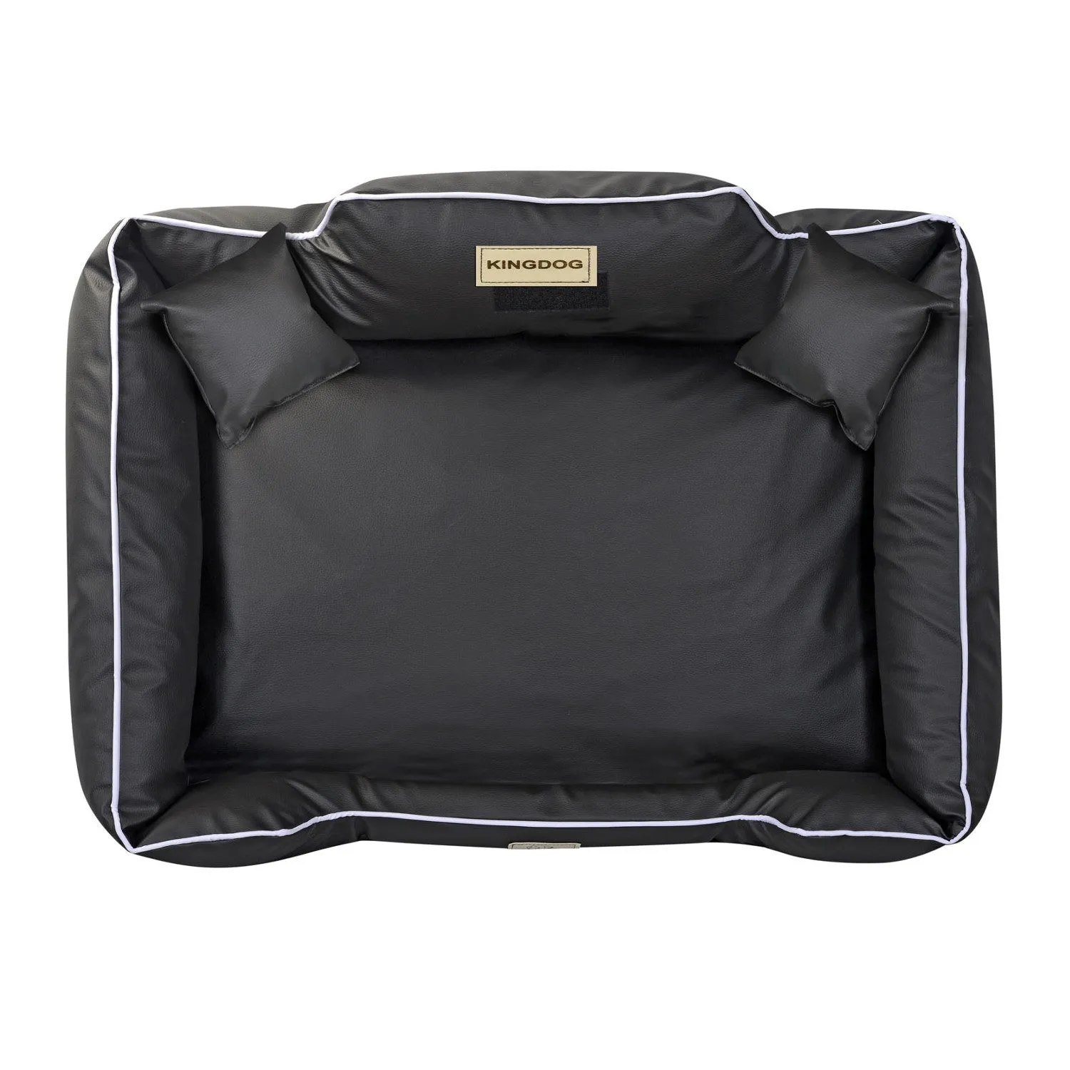 KingDog Ecoshine Dog Bed Anti-Slip Black with White Border   2x Pillow XL 115x95 cm Faux Leather