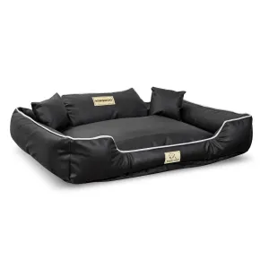 KingDog Ecoshine Dog Bed Anti-Slip Black with White Border   2x Pillow XL 115x95 cm Faux Leather