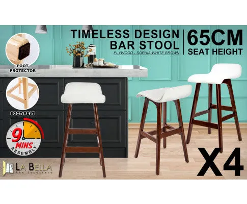 La Bella 4 Set 65cm White Brown Wooden Bar Stool Sophia Leather