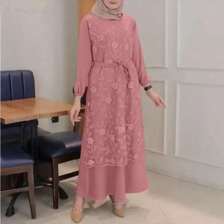 Lace Floral Retro Round Neck outfit for Muslim Women