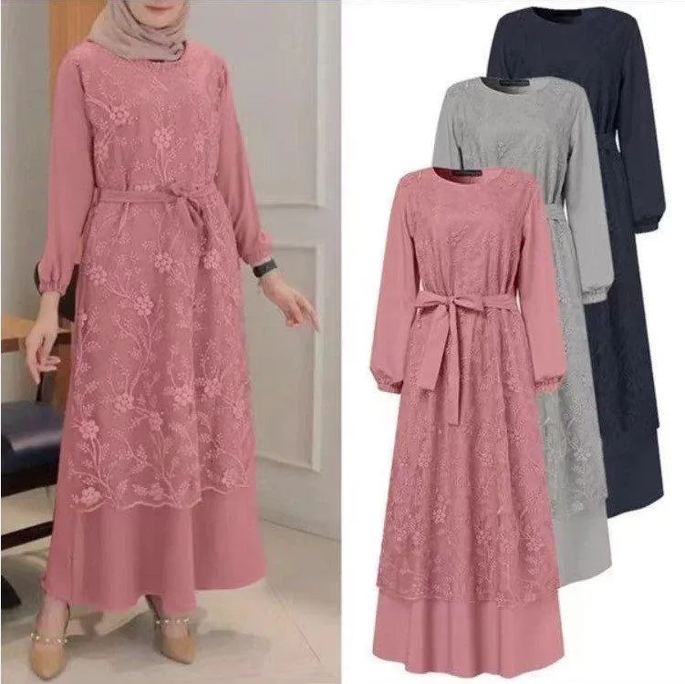 Lace Floral Retro Round Neck outfit for Muslim Women