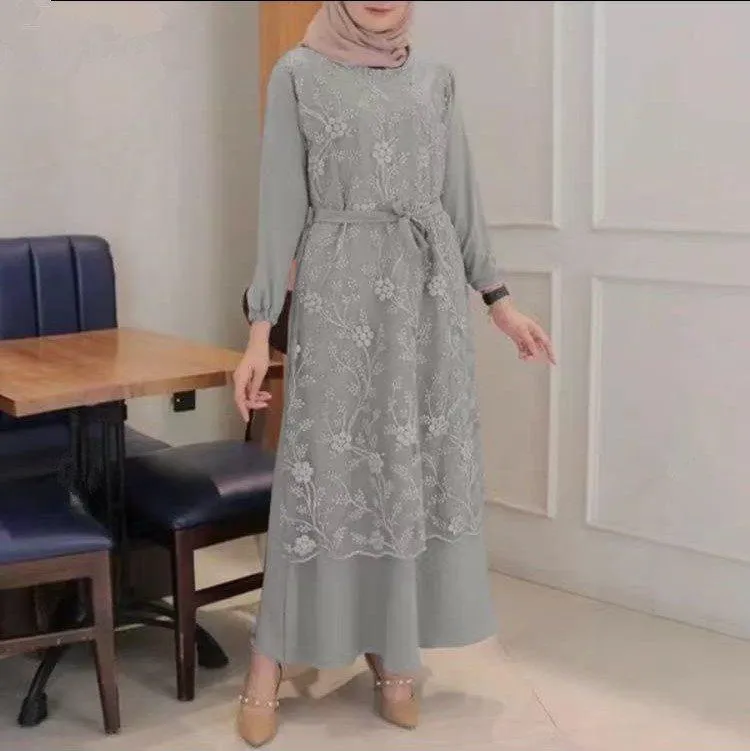 Lace Floral Retro Round Neck outfit for Muslim Women