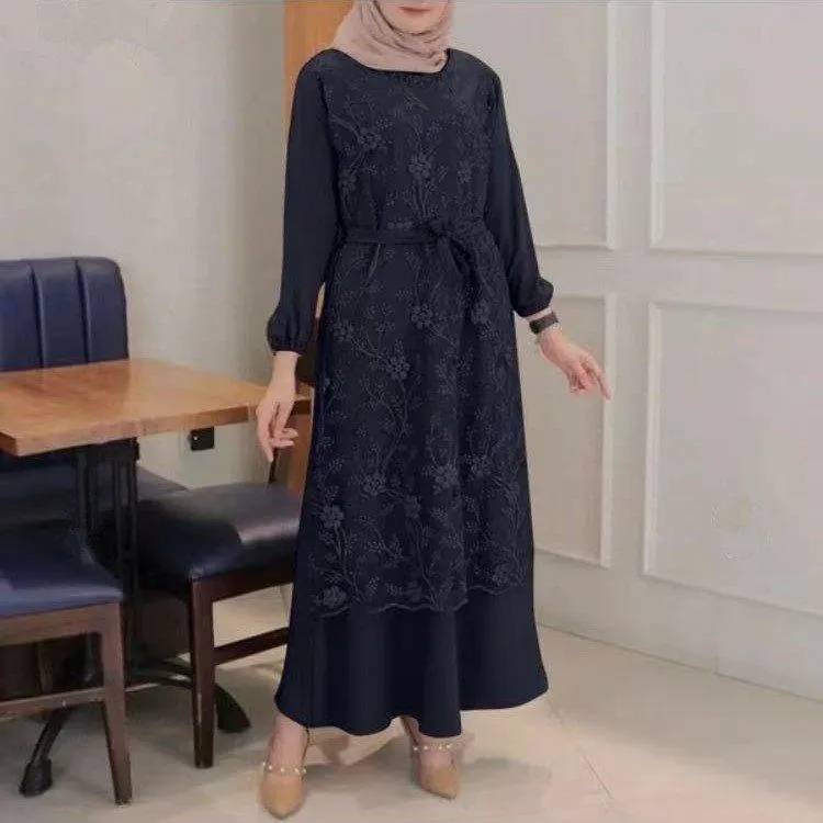 Lace Floral Retro Round Neck outfit for Muslim Women