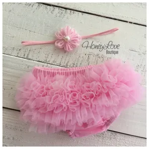 Light Pink ruffle bottom bloomers and polka dot flower skinny headband