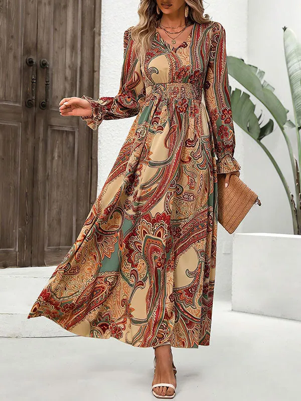 Loose Puff Sleeves Elasticity Printed V-Neck Maxi Dresses