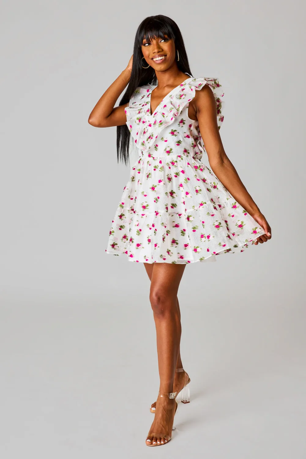 Maddison Ruffle Sleeve Short Dress - Calla Lily