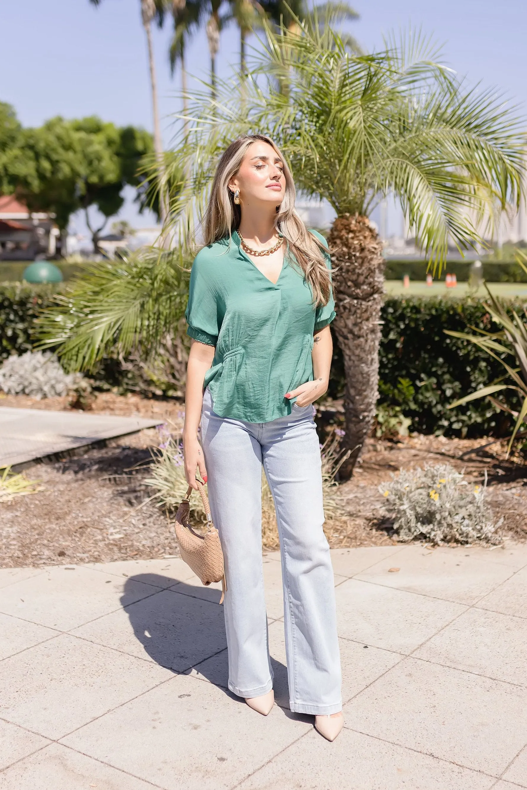 Margaret Short Sleeve Satin Top Green