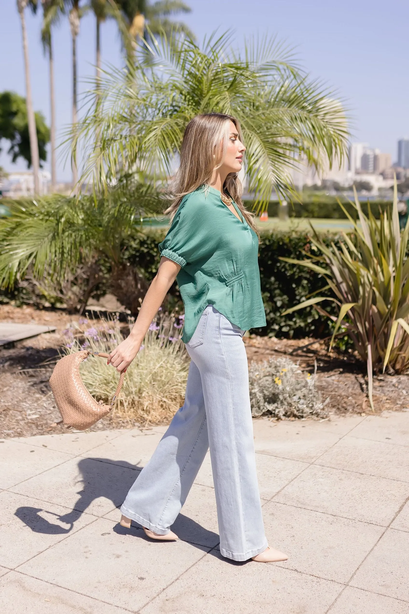 Margaret Short Sleeve Satin Top Green