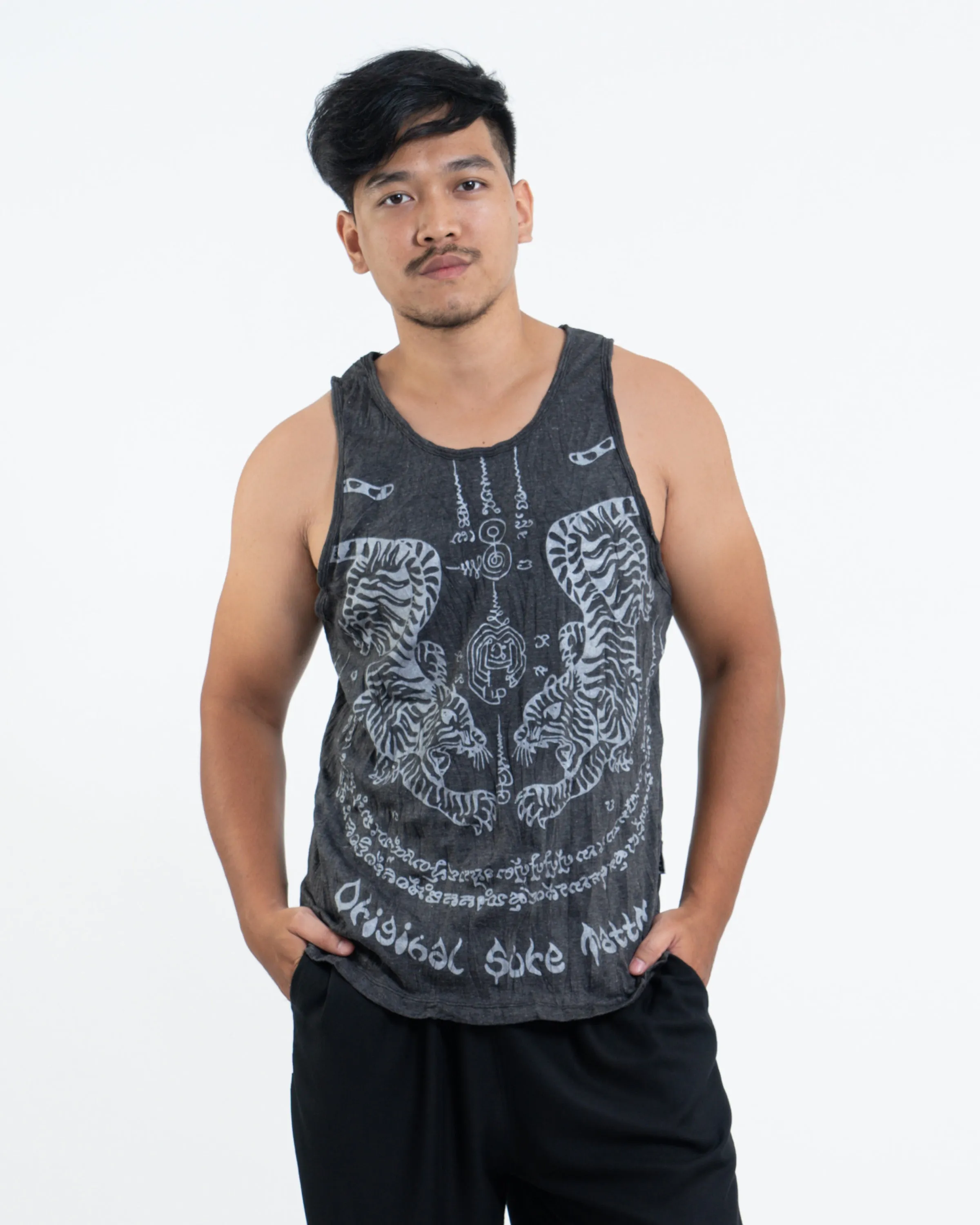 Mens Thai Tattoo Tank Top in Silver on Black