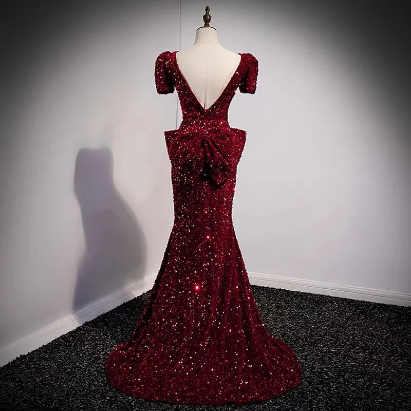 Mermaid Tight Burgundy Sequin Prom Dress