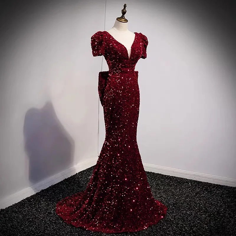 Mermaid Tight Burgundy Sequin Prom Dress