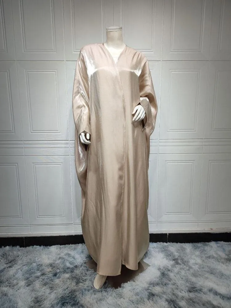 Middle Eastern Silk Satin Batwing Sleeve Cardigan Robe Open Abaya Dress for Women