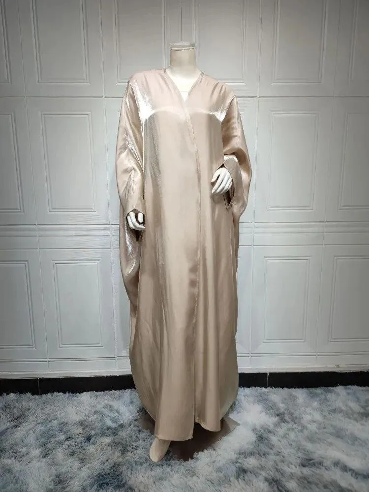 Middle Eastern Silk Satin Batwing Sleeve Cardigan Robe Open Abaya Dress for Women