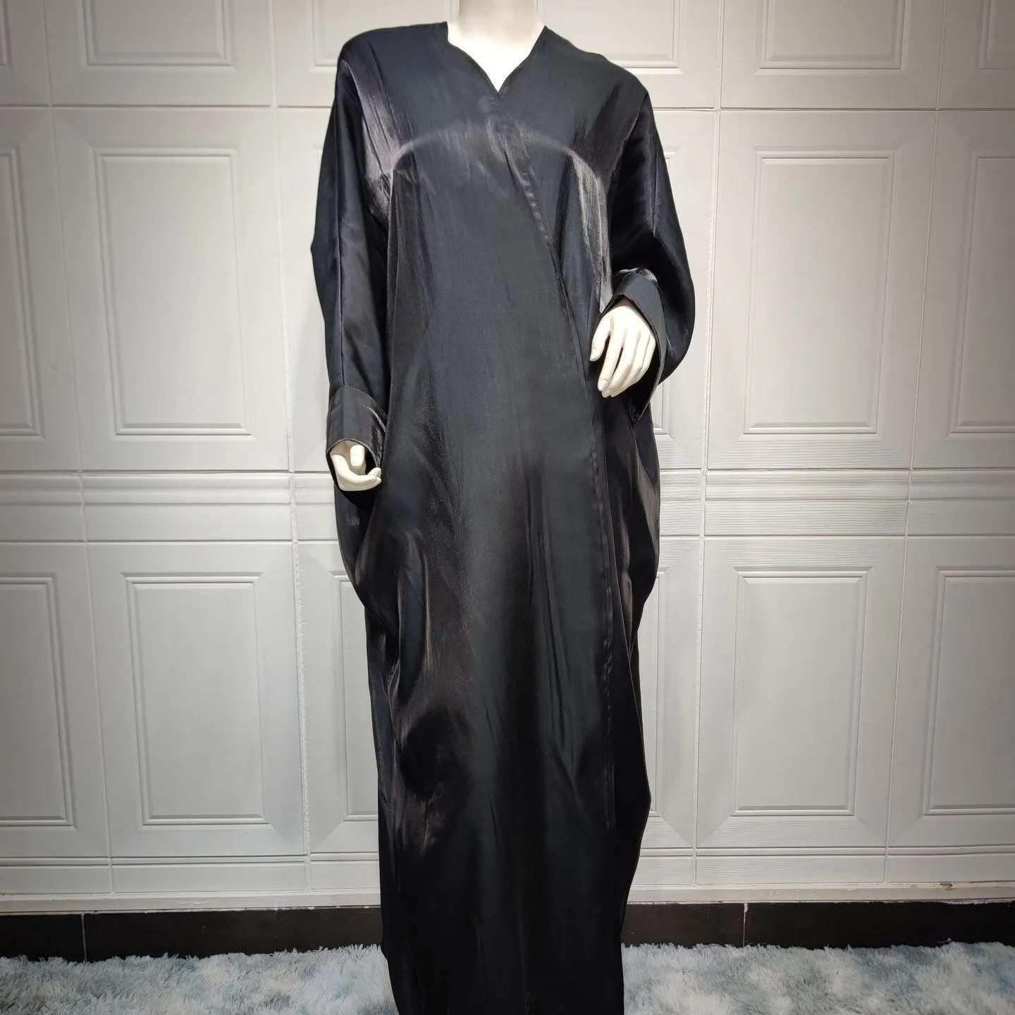 Middle Eastern Silk Satin Batwing Sleeve Cardigan Robe Open Abaya Dress for Women