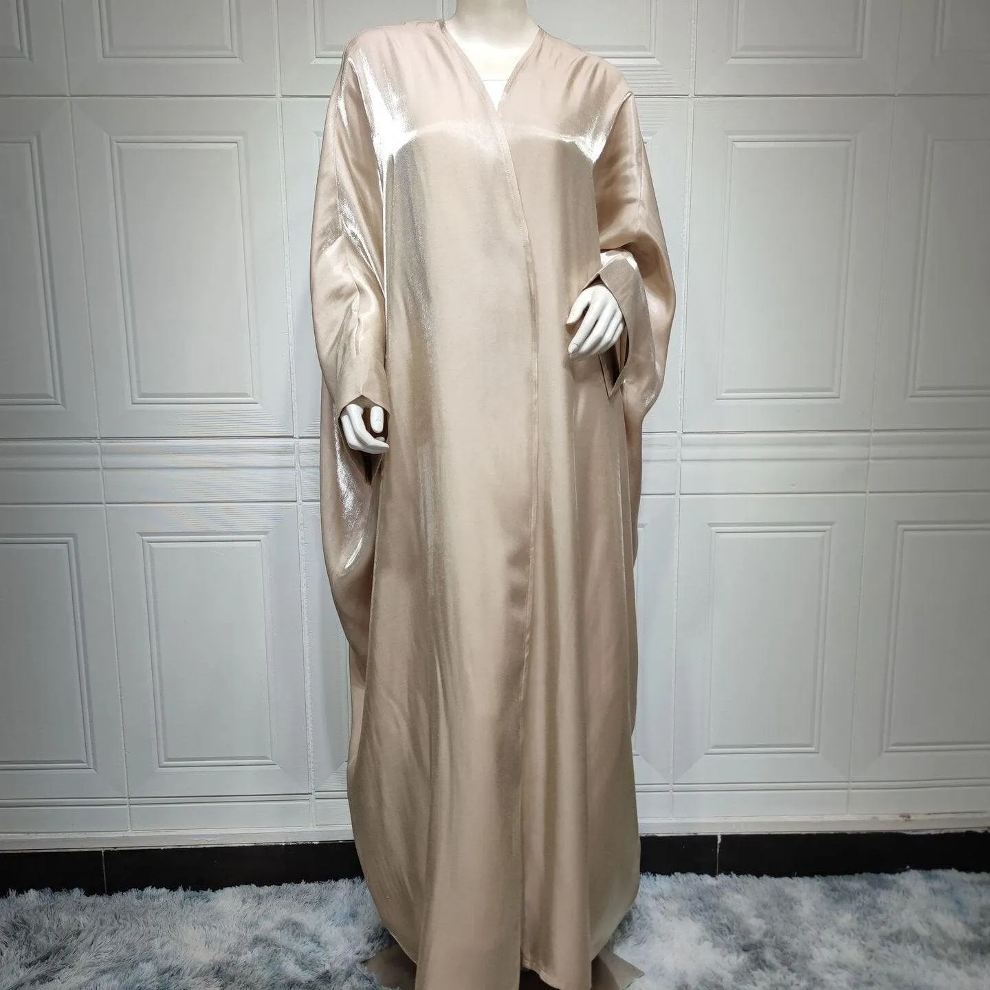 Middle Eastern Silk Satin Batwing Sleeve Cardigan Robe Open Abaya Dress for Women