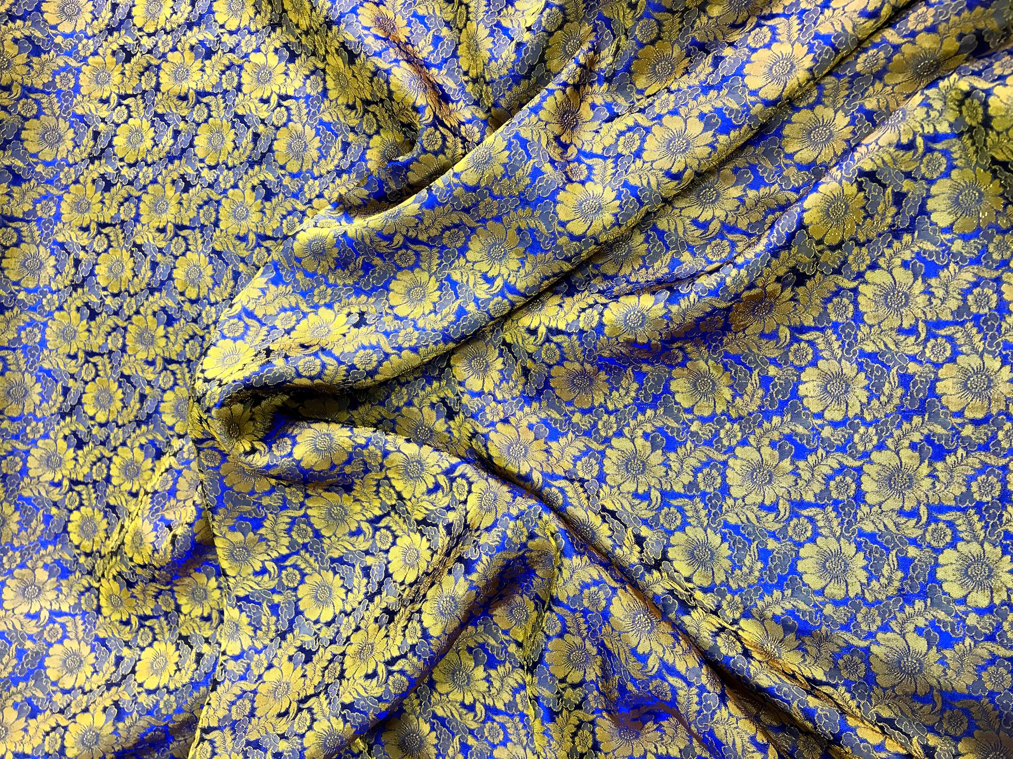 Navy silk with Yellow Daisy chrysanthemums - PURE MULBERRY SILK fabric by the yard -  Floral Silk -Luxury Silk - Natural silk - Handmade in VietNam- Silk with Design