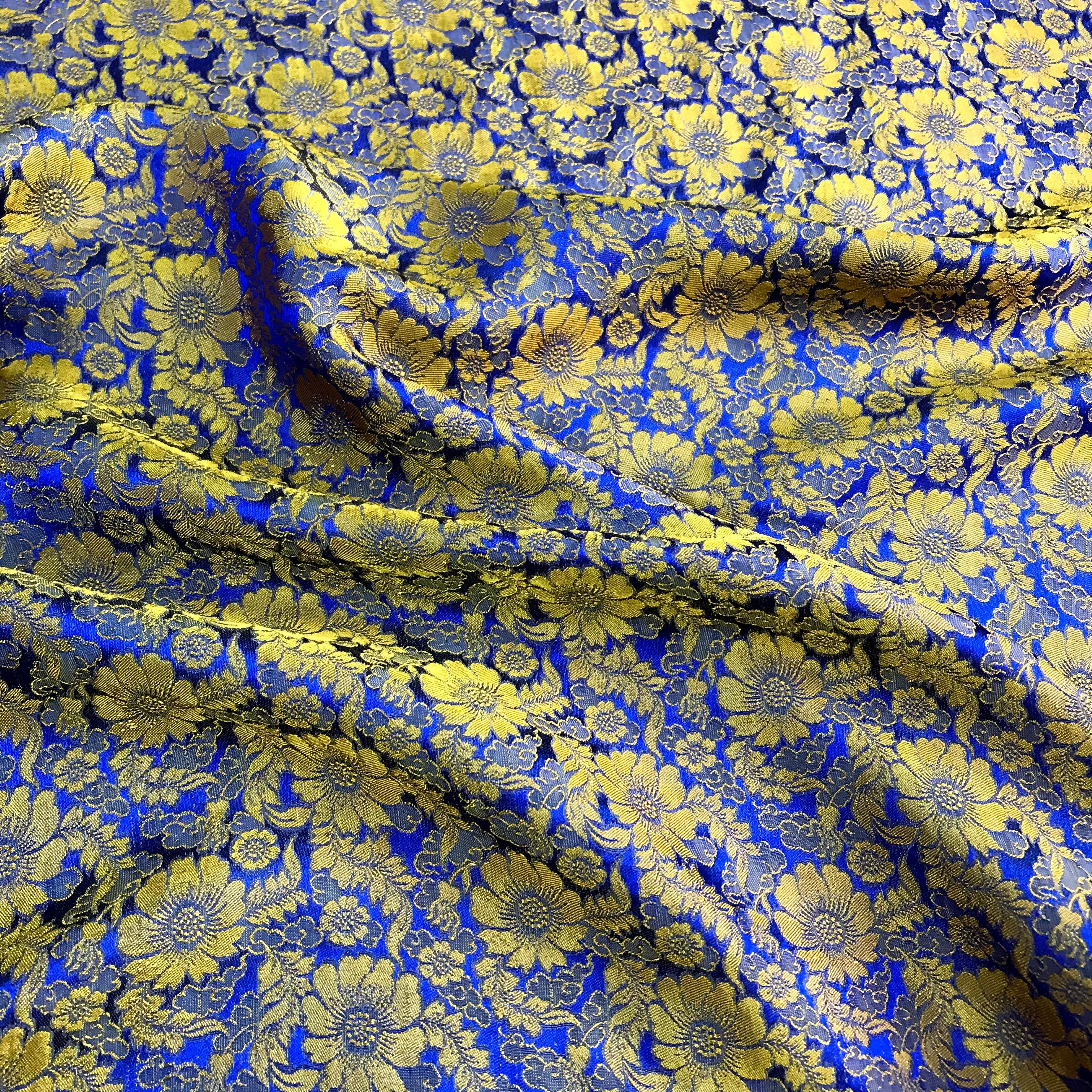 Navy silk with Yellow Daisy chrysanthemums - PURE MULBERRY SILK fabric by the yard -  Floral Silk -Luxury Silk - Natural silk - Handmade in VietNam- Silk with Design