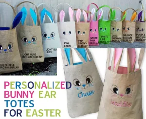 Personalized Easter Baskets for Toddlers Cute Easter Tote Canvas Bag Embroidered Name Easter Bunny Face Pink or Blue Liner For Boys Girls