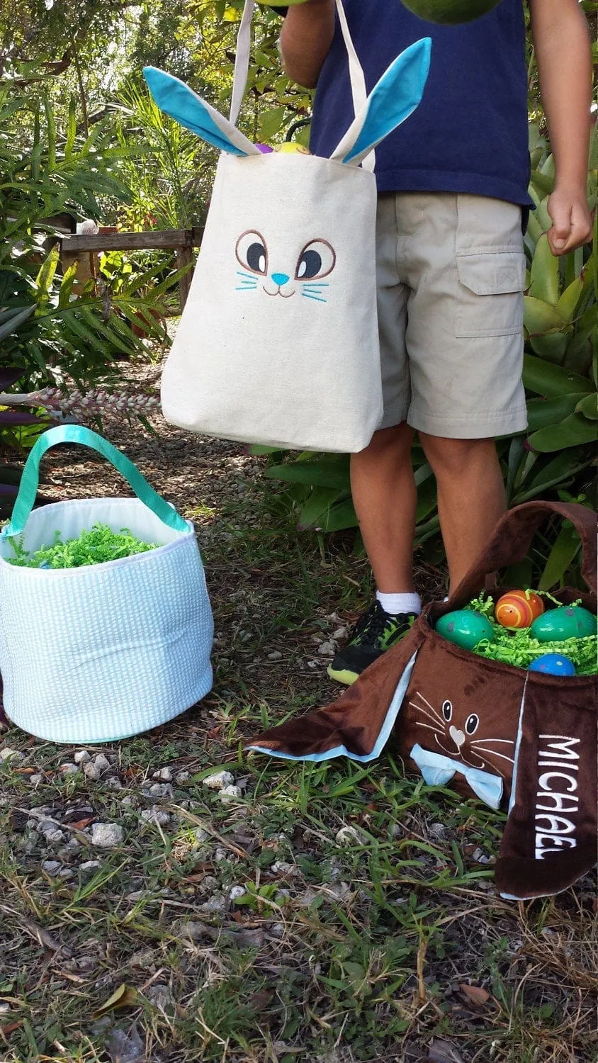 Personalized Easter Baskets for Toddlers Cute Easter Tote Canvas Bag Embroidered Name Easter Bunny Face Pink or Blue Liner For Boys Girls