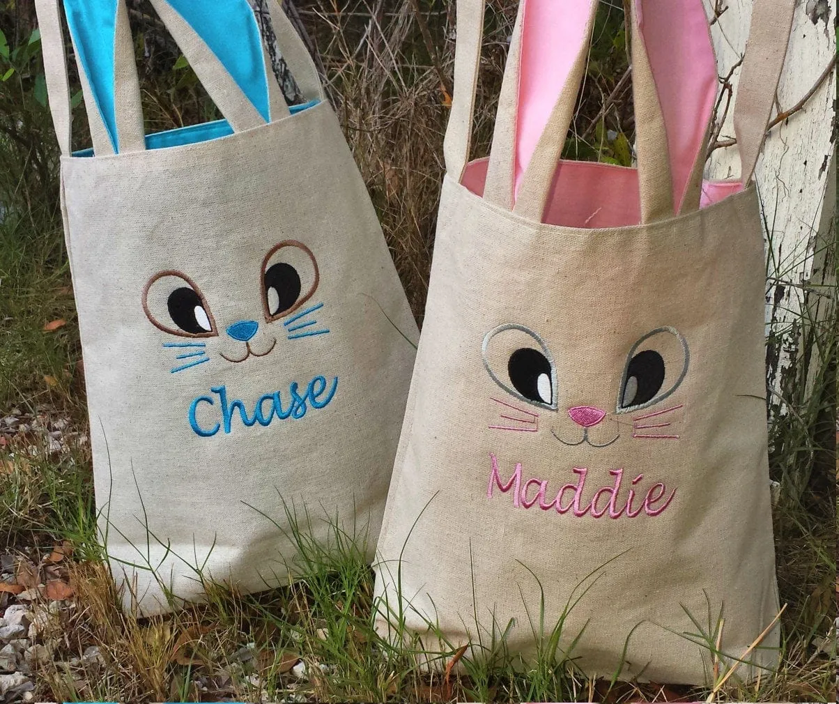 Personalized Easter Baskets for Toddlers Cute Easter Tote Canvas Bag Embroidered Name Easter Bunny Face Pink or Blue Liner For Boys Girls