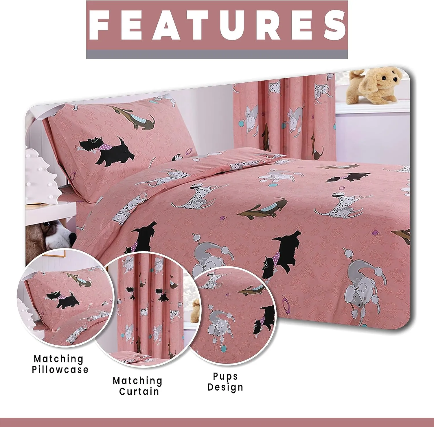 Pink Dog Print Duvet Cover Set with Matching Curtains Cosy Cotton Blend Bedding for Kids and Adults by OLIVIA ROCCO