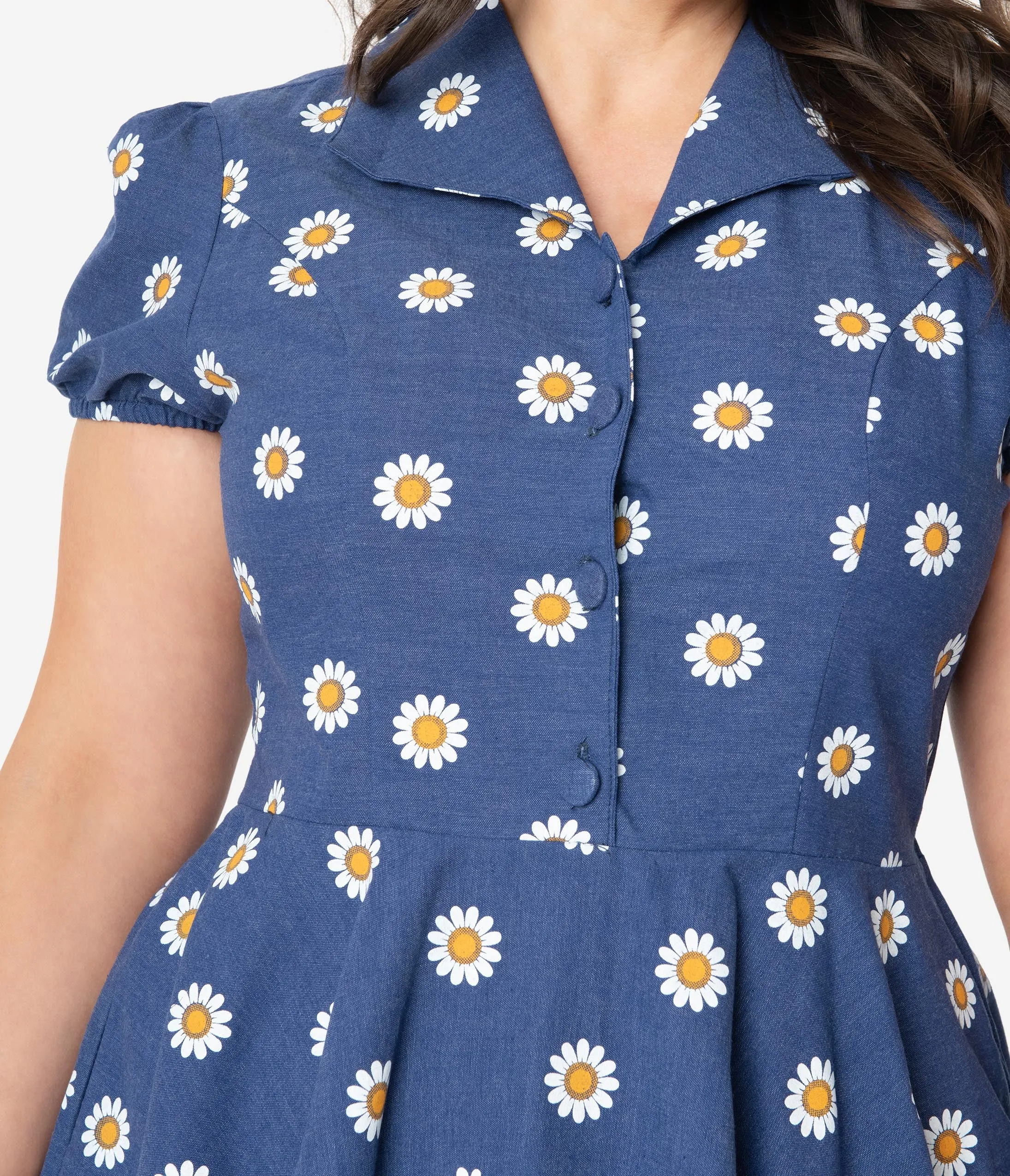 Plus Size 1950s Style Navy Blue Daisy Print Short Sleeve Mona Swing Dress