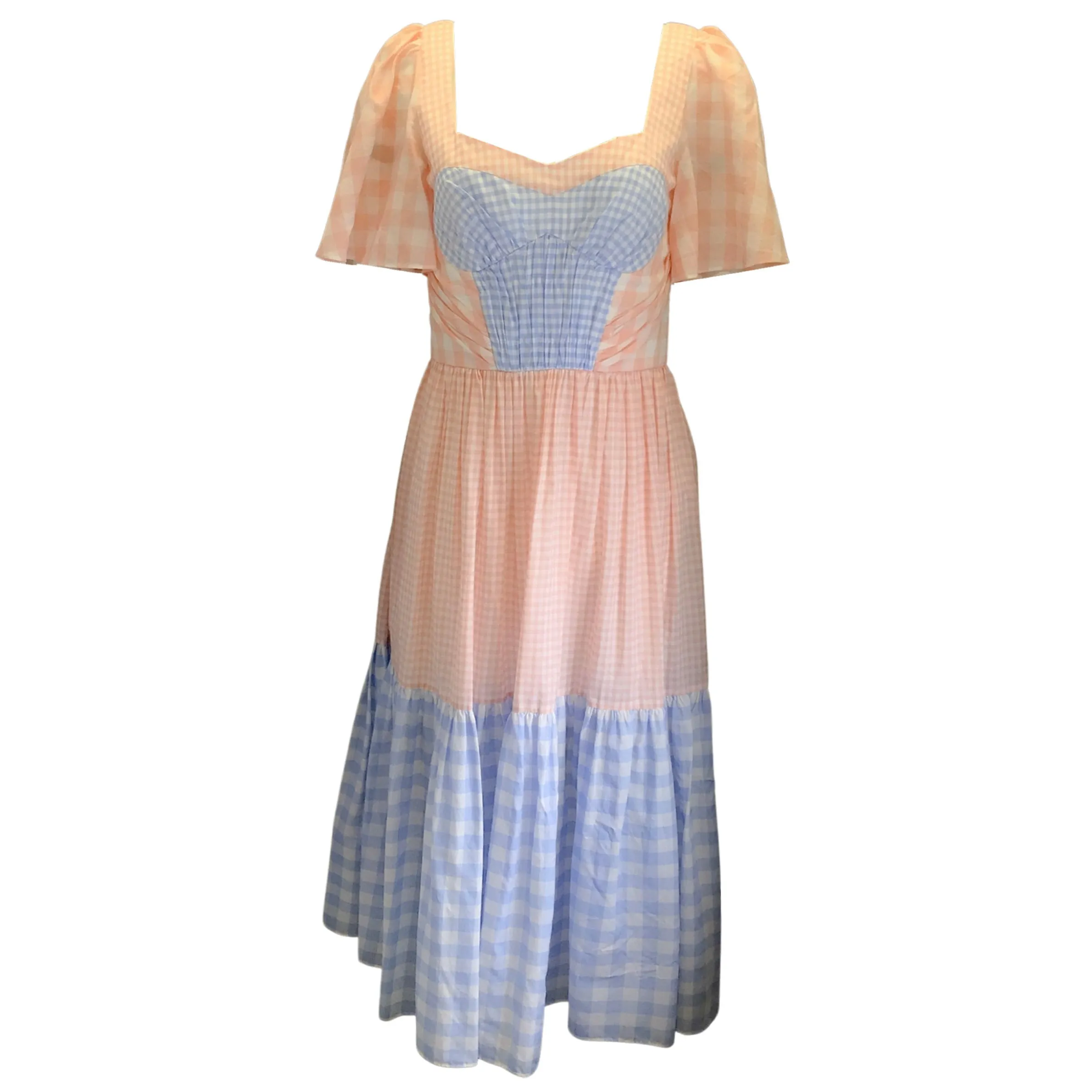 Prabal Gurung Pink / Blue Short Sleeved Gingham Midi Dress