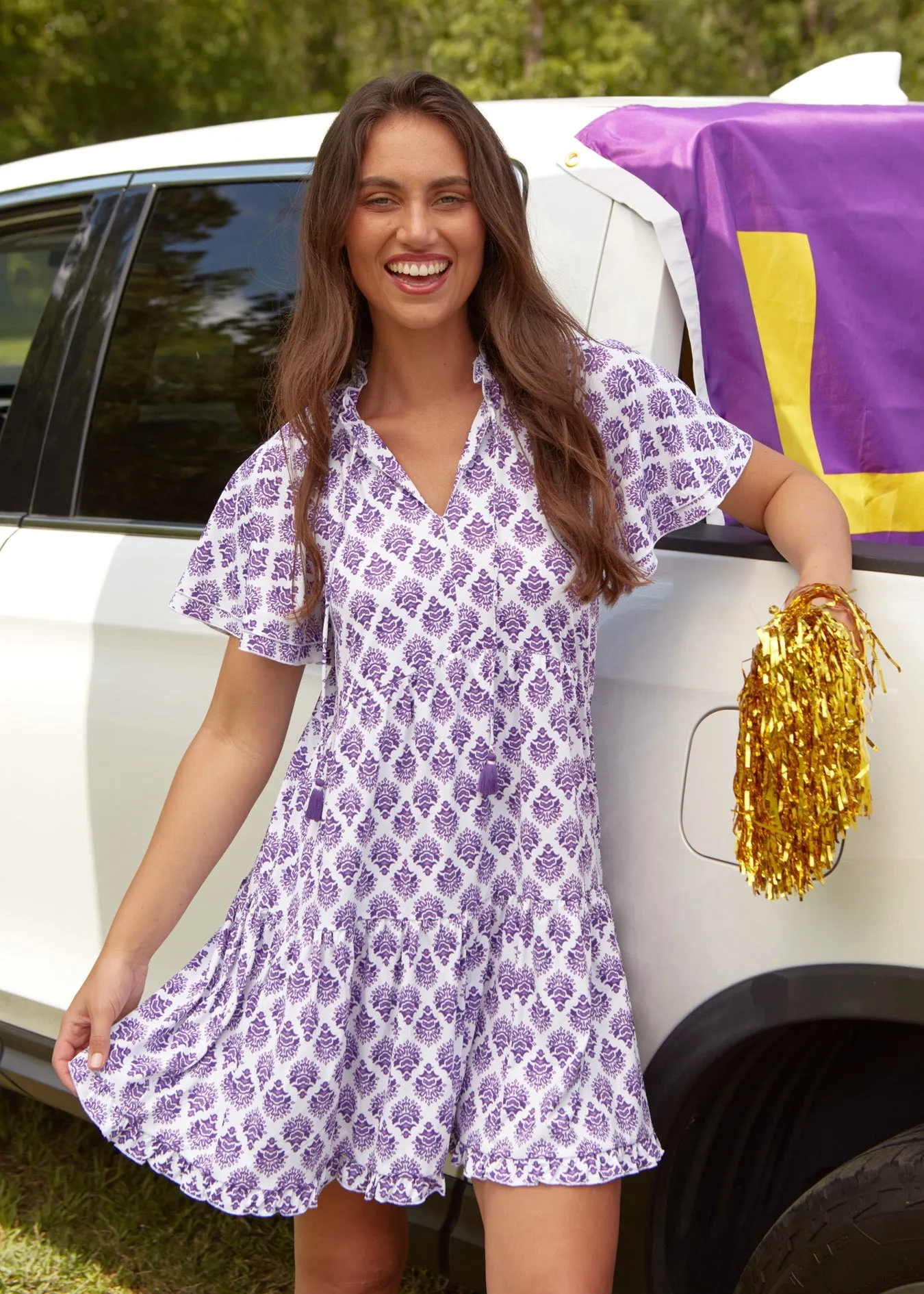 Purple Game Day Short Sleeve Tiered Dress