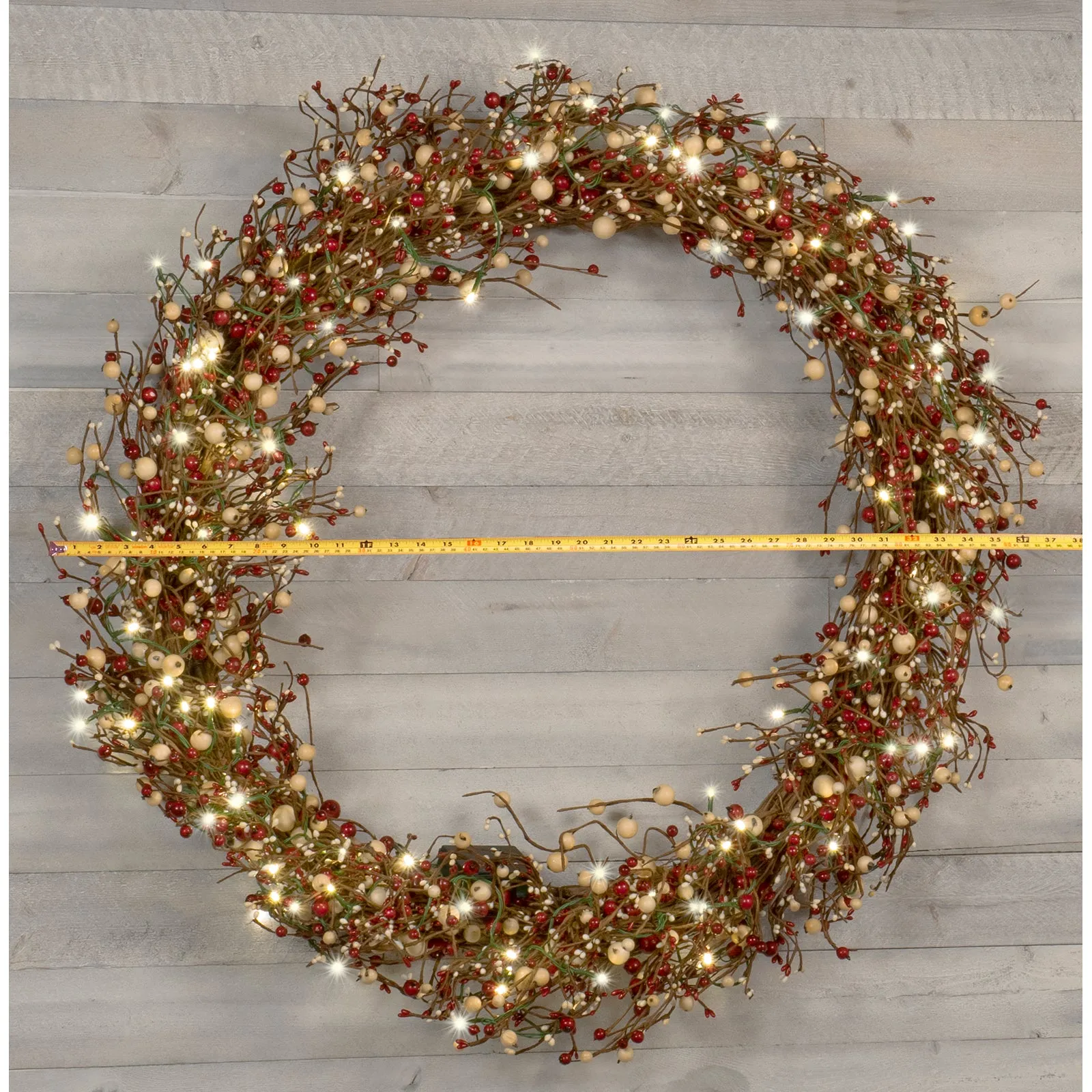 Red Co. 36” Light-Up Christmas Wreath with Red and Cream Pip Berries, Battery-Operated LED Lights with Timer