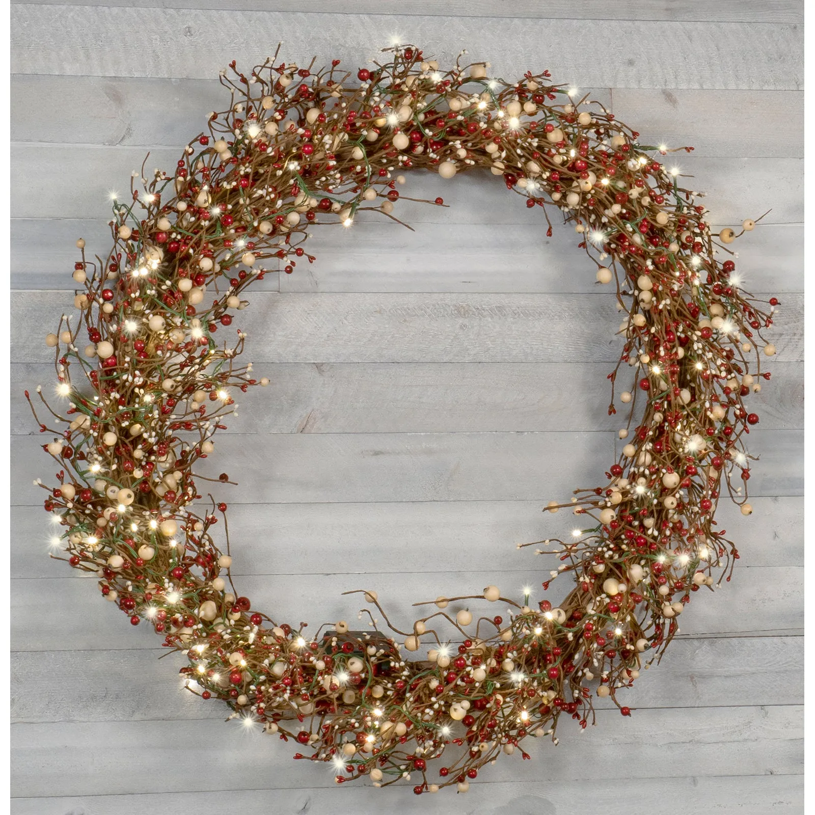 Red Co. 36” Light-Up Christmas Wreath with Red and Cream Pip Berries, Battery-Operated LED Lights with Timer