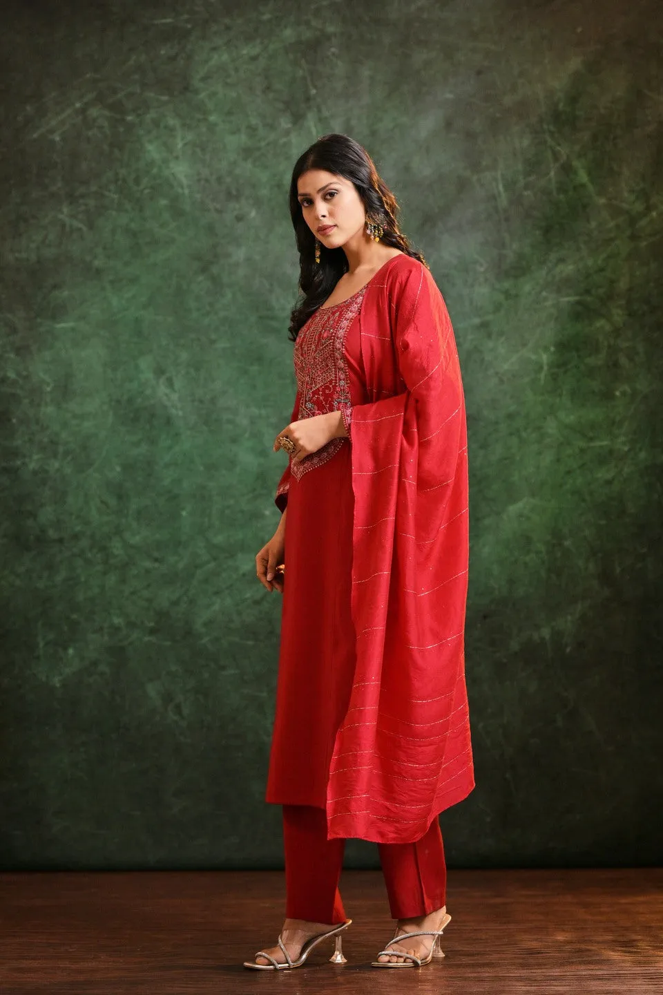 Ruby Radiance Roman  Silk Kurta Set With Dupatta