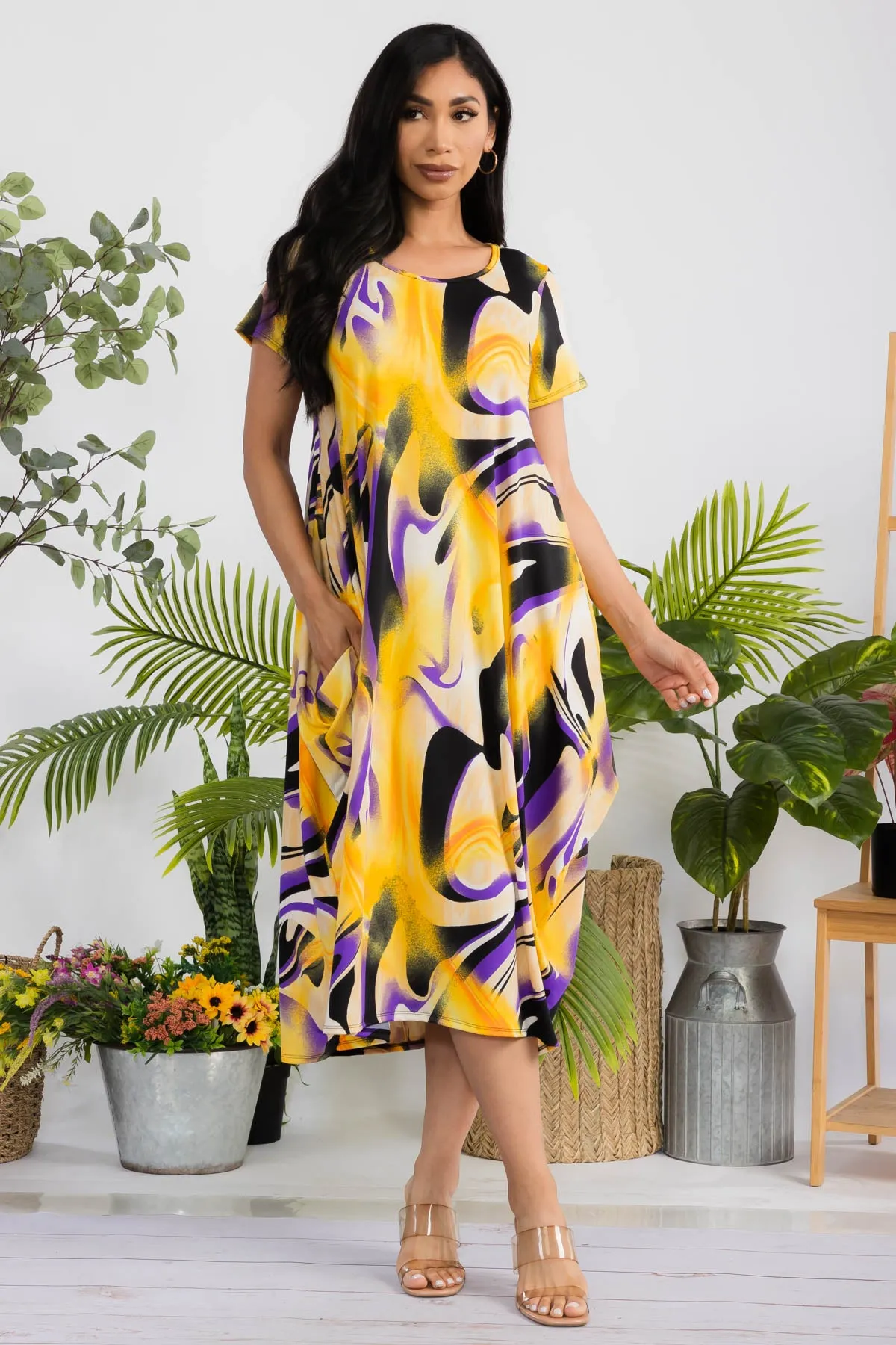 SAN151R-SWIRL - SHORT SLEEVE MIDI DRESS