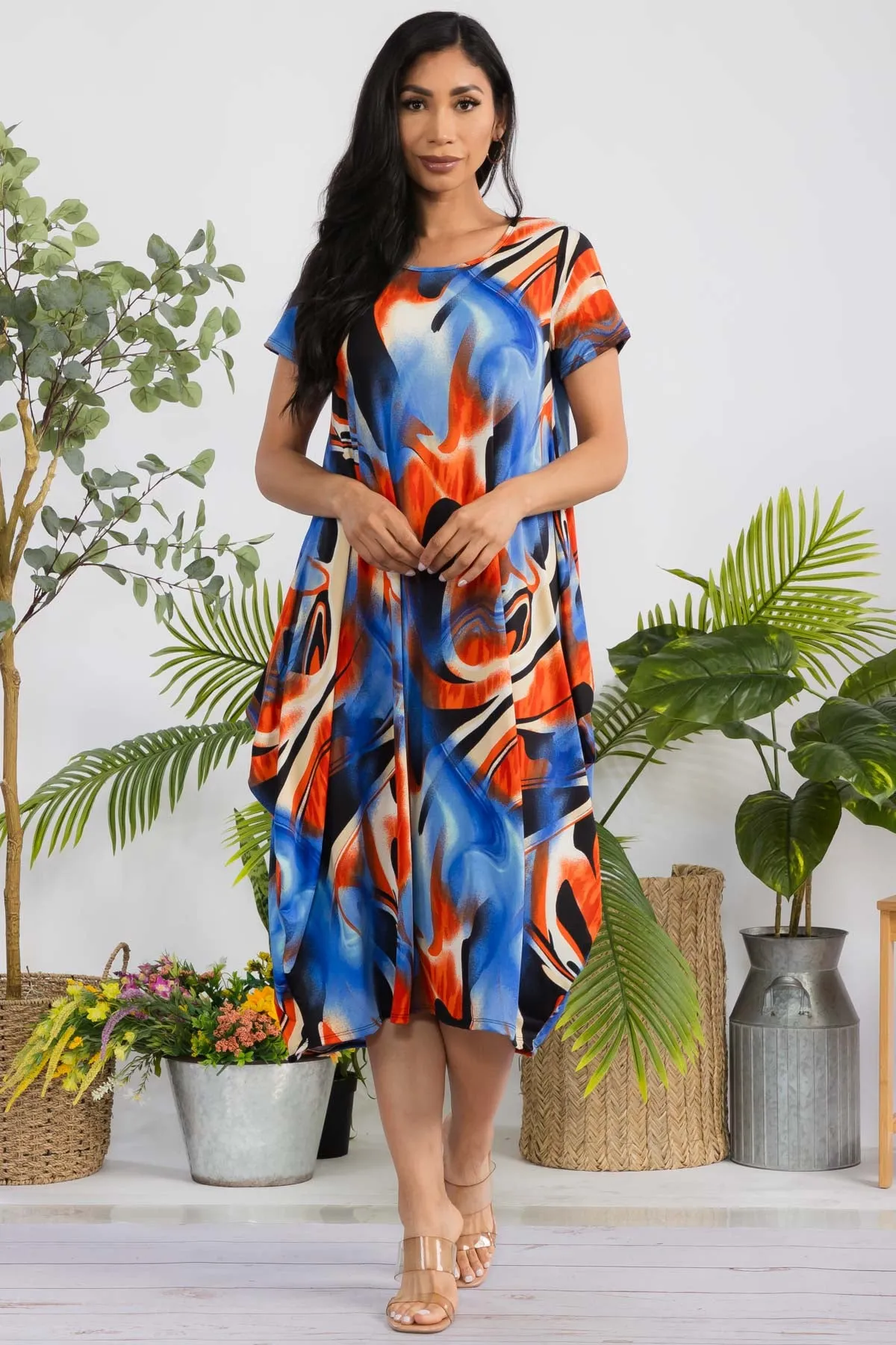 SAN151R-SWIRL - SHORT SLEEVE MIDI DRESS