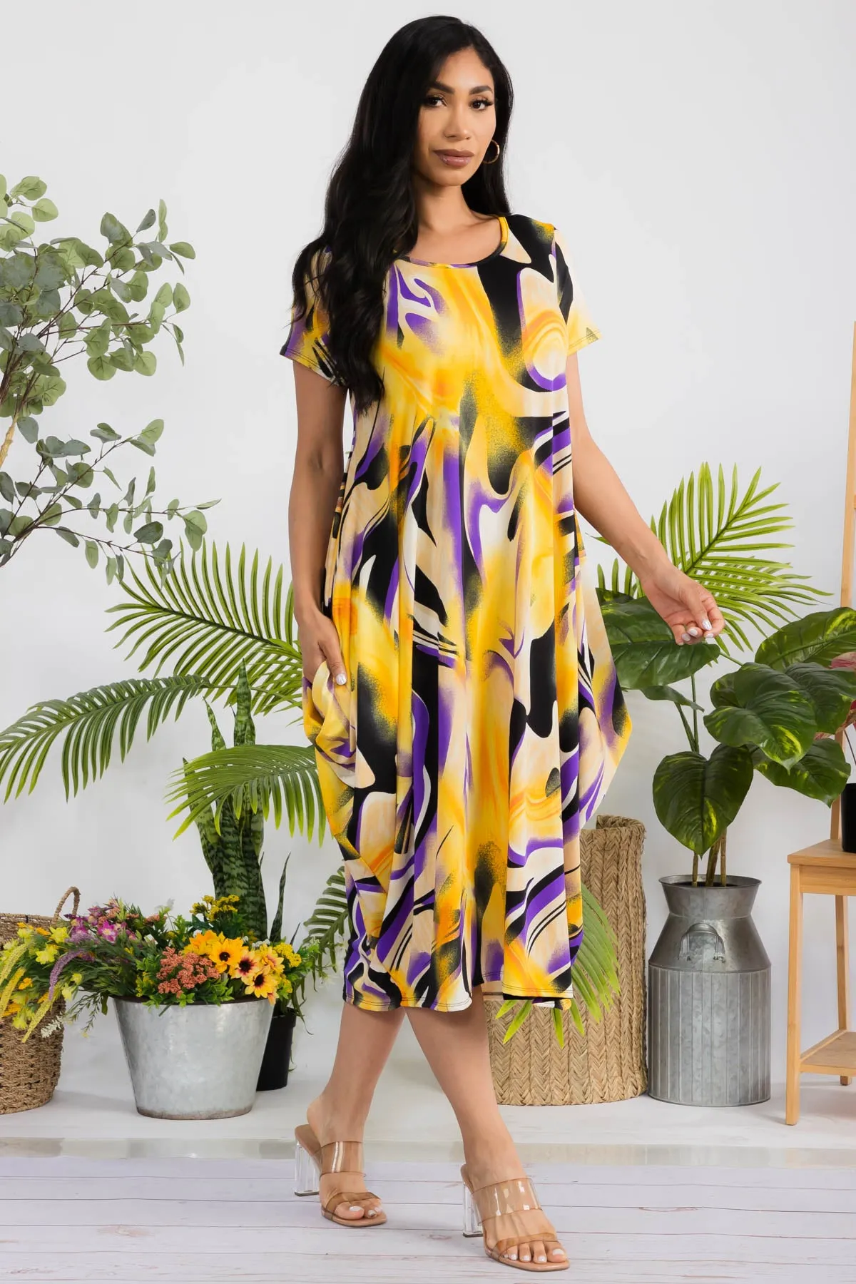 SAN151R-SWIRL - SHORT SLEEVE MIDI DRESS