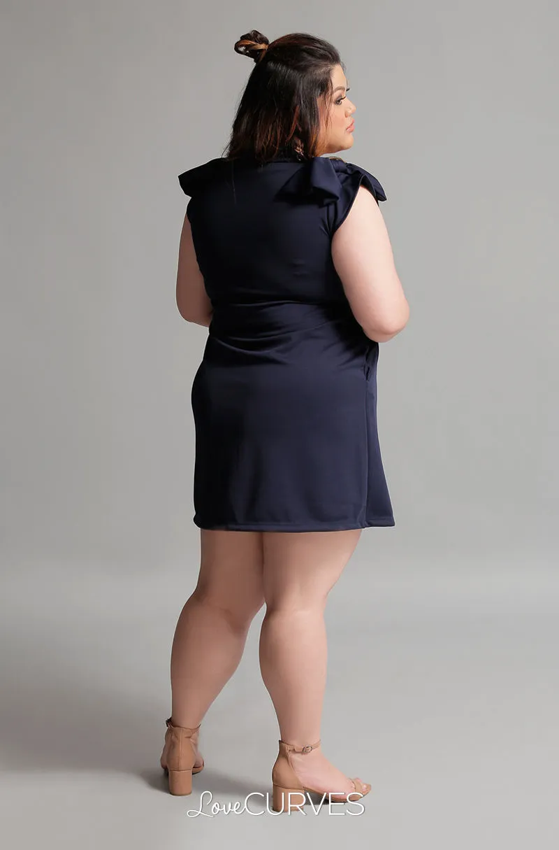 Shoulder Bow Shift Dress - Navy Blue