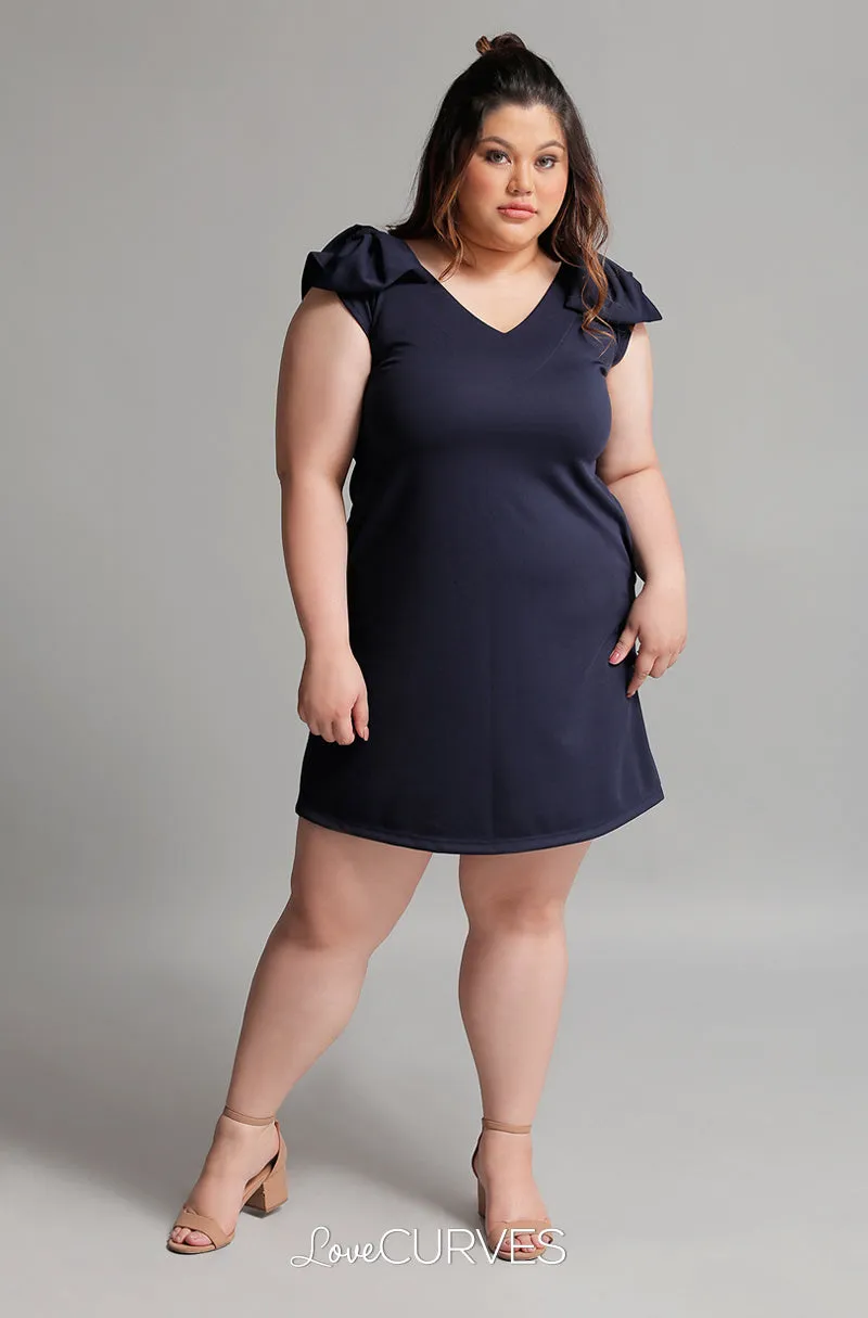 Shoulder Bow Shift Dress - Navy Blue