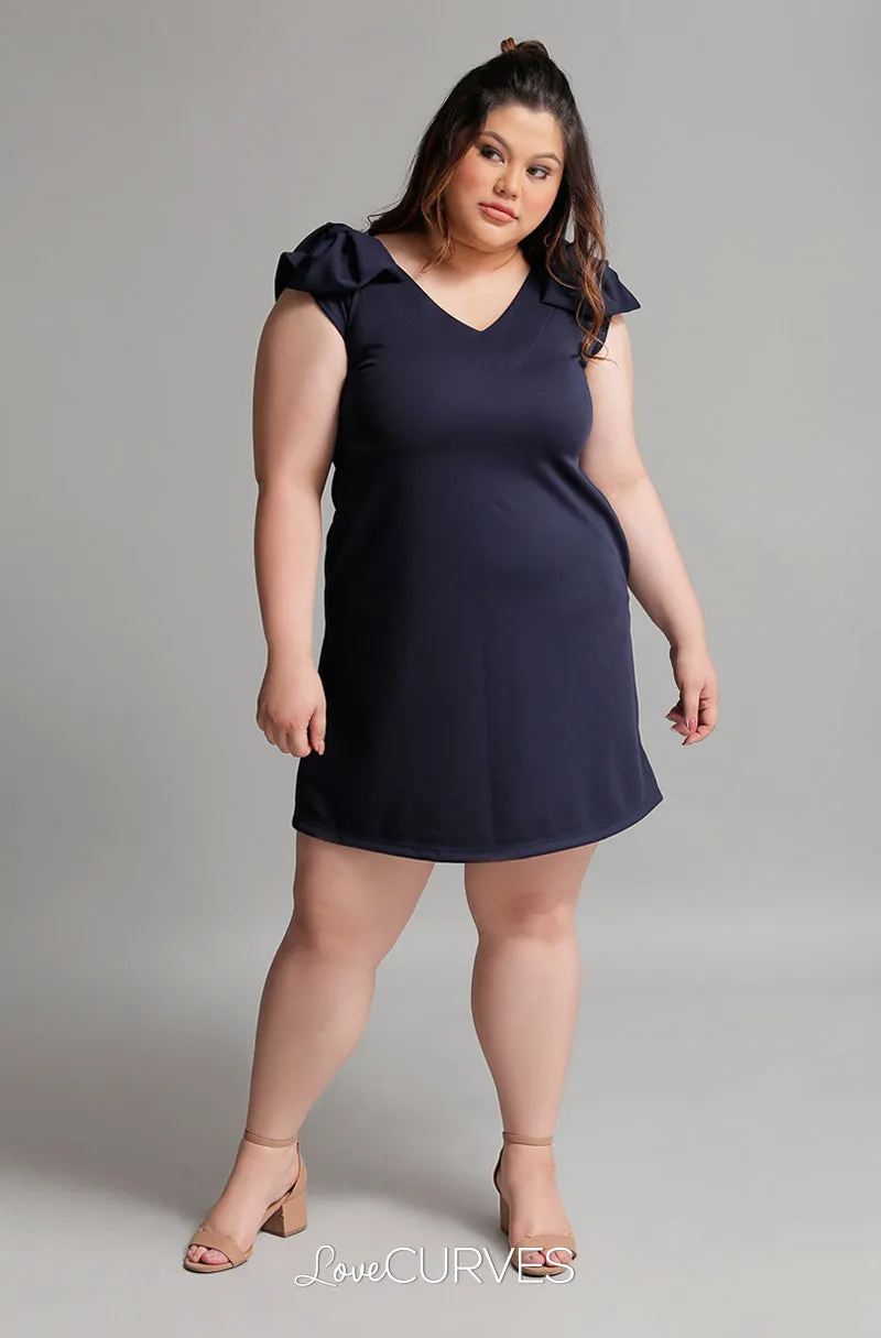 Shoulder Bow Shift Dress - Navy Blue