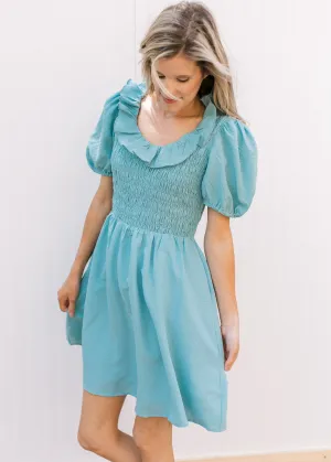 Soft Teal Smocked Ruffle Neck Dress