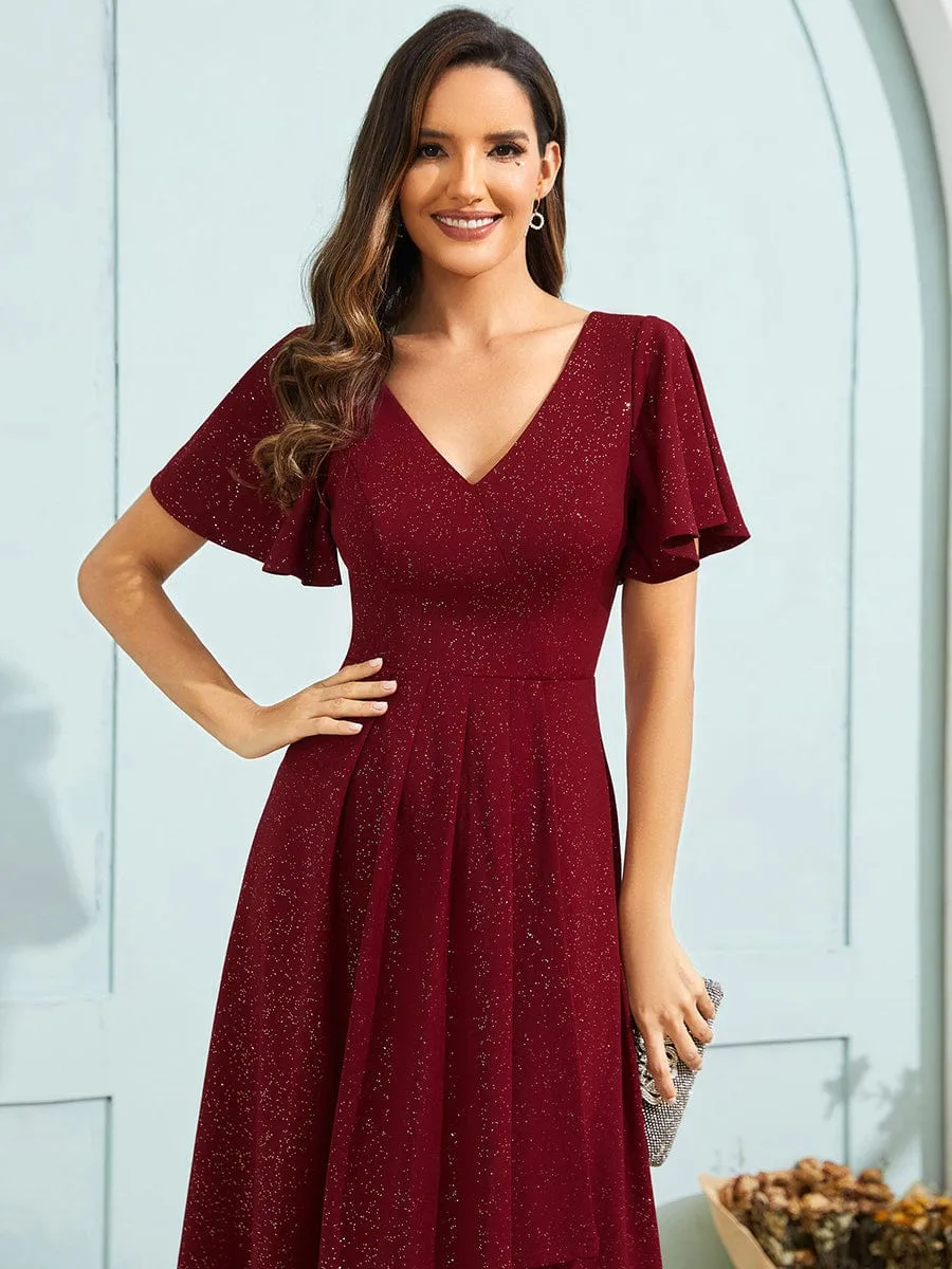 Sparkling V-Neck High-Low Wedding Guest Dress with Ruffled Sleeves