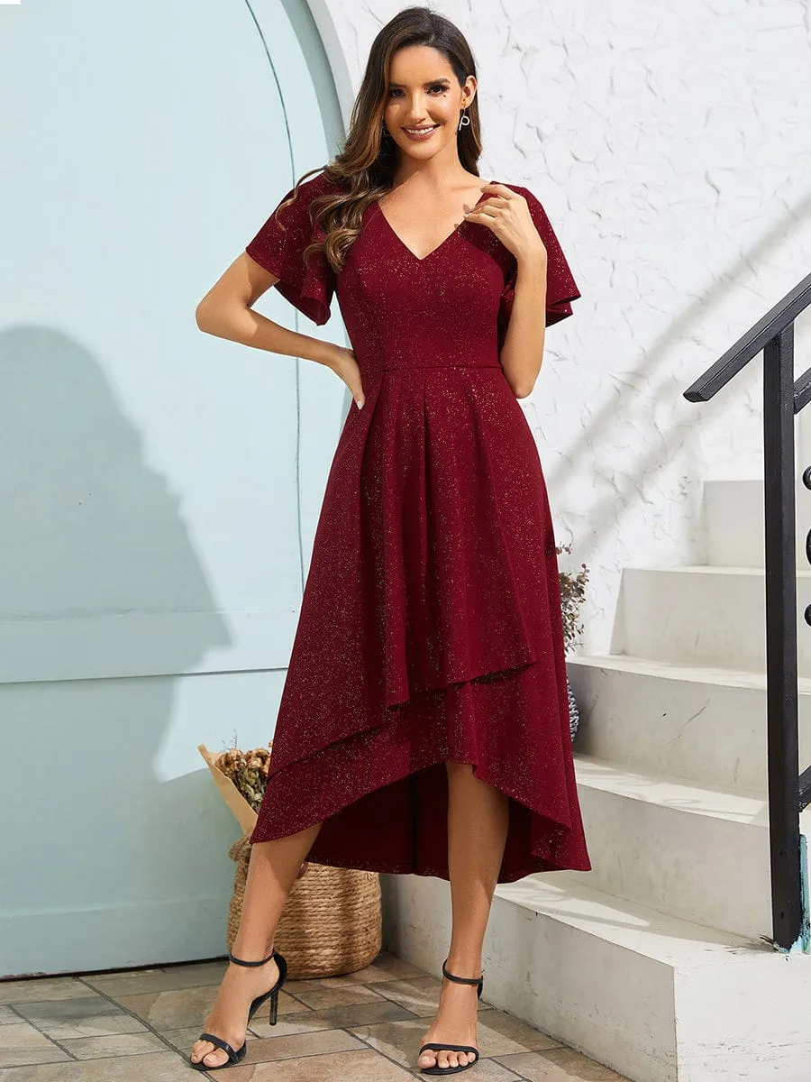 Sparkling V-Neck High-Low Wedding Guest Dress with Ruffled Sleeves