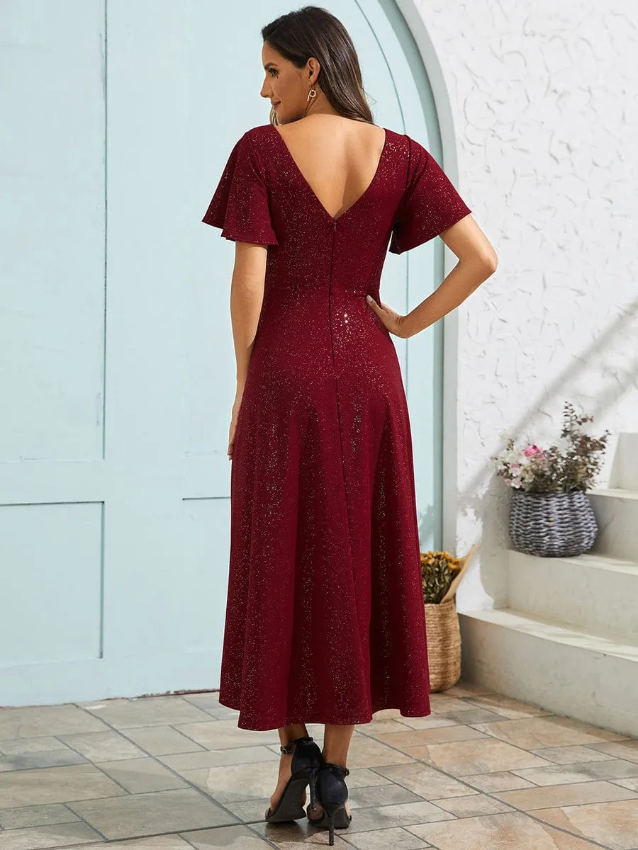 Sparkling V-Neck High-Low Wedding Guest Dress with Ruffled Sleeves