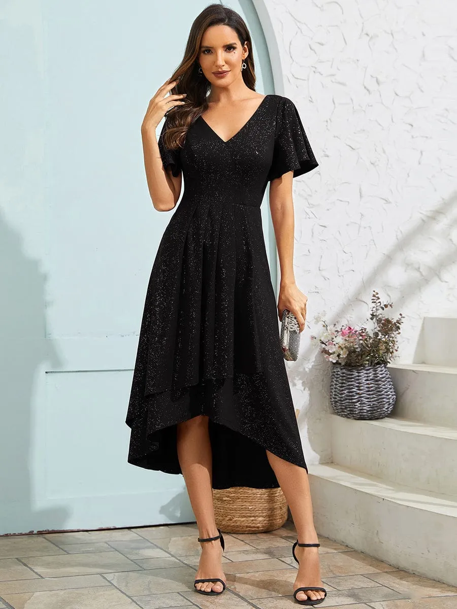 Sparkling V-Neck High-Low Wedding Guest Dress with Ruffled Sleeves