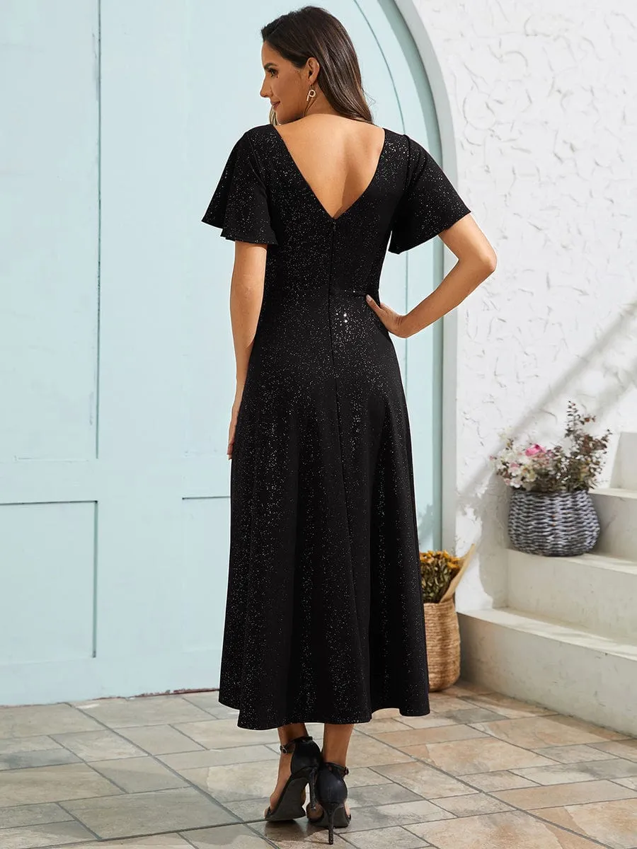 Sparkling V-Neck High-Low Wedding Guest Dress with Ruffled Sleeves